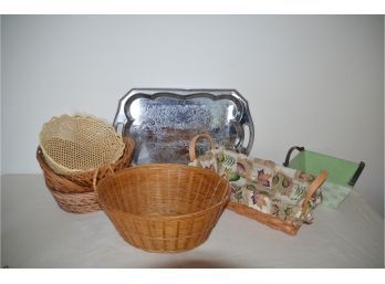 (#183) Wicker Baskets, Silver Metal Tray, Bread Basket