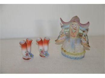 (#170) Japan Dutch Girl Figurine 5' And Pair Of Occupied Japan Bud Vases
