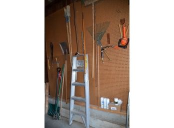(#330) Wall With Assorted Garden Tools, Ladder, Hedge Trimmer