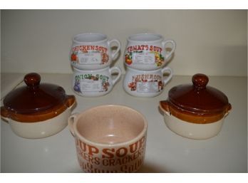 (#146) Assorted Soup Bowl Cups And French Onion Bowl With Lids