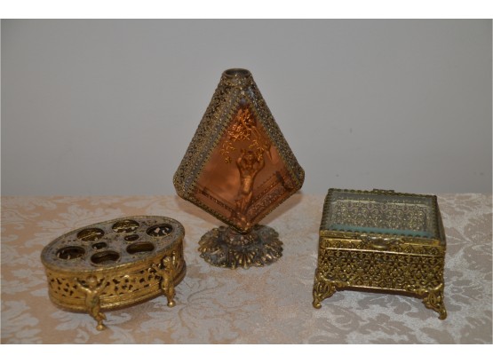 (#46) Vintage Vanity Ormolu Filigree Casket Jewelry Trinket Box And Perfume Bottle And Lipstick Holder
