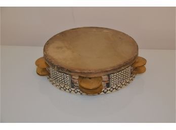(#19) Vintage Foreign Tambourine Inlay Wood (few Missing) 8.5' Round