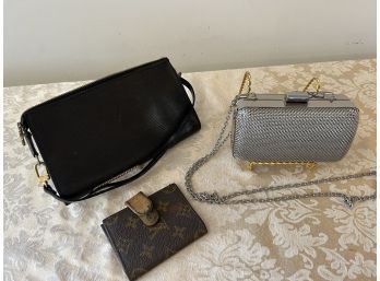 (#69) Louis Vuitton Black Small Bag And Credit Card Holder (slight Damaged), Silver Evening Clutch With Chain