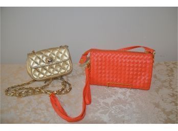 (#68) Fun Evening Coral Woven Quilt Faux Leather Cross Body And Small Gold Quilted Cross Body