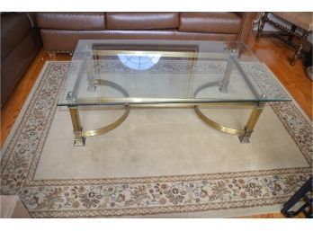 Gold Tone Metal Base Glass Beveled Edge Top Coffee Table With Area Rug