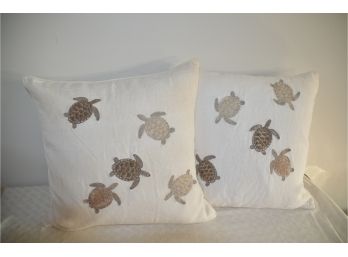 Iosis Down Feather Pillows (2) Linen Fabric With Sewing Turtle Design 16x16