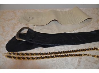 (#70) Vintage Wide Black Leather Belt, Beige Leather And Gold Chain Black Leather Thread Thru