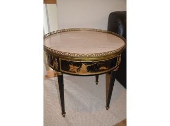 (#7) Antique Esquite Round Marble Top Brass Accent Detail On Wood Side End Table 2 Drawers, 2 Pull Out Shelf