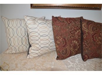 (#76) Decorative Pillows (4) Beige Down Fill, Brown Zippered Decorative Pillows