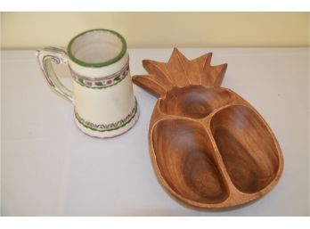(#18) Wooden Pineapple Serving Bowl And Ceramic Beer Mug