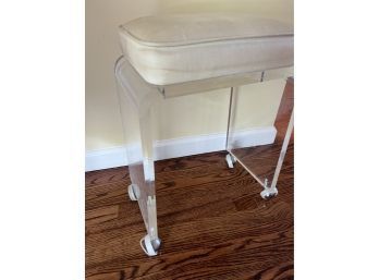 (#104) Lucite Vanity Stool Attached Faux Leather Pillow Seat On Wheels