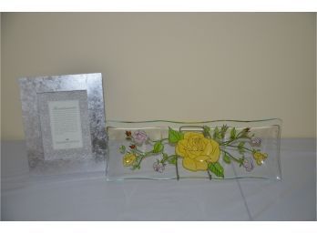 (#16) Glass Flower Serving Platter  And 5x7 Picture Frame