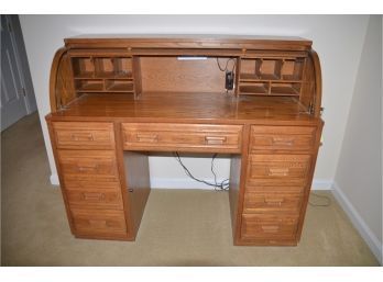 7 Drawer Solid Oak Roll Top Desk With Top Lock And Drawer Lock Inside Under Mount Light And Power 5 Years Old