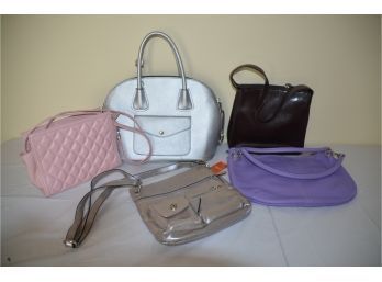(#106) Assorted Handbags: Silver, Black, Lavender (5 Of Them)