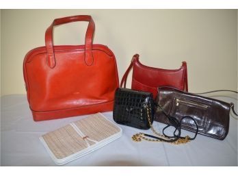 (#107) Assorted Handbags: Red, Black Over Shoulder (5 Of Them)