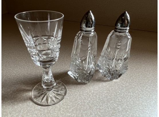 (#62) Crystal Salt And Pepper Shakers, And Cordial Waterford Glass