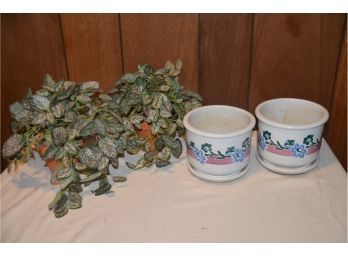 (#122) Pair Of Ceramic Planters And Artificial Ivy Plants In Clay Planters
