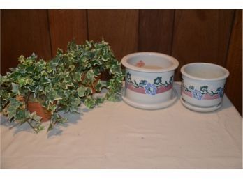 (#123) Pair Of Ceramic Planters And Artificial Ivy In Clay Planters