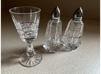 (#62) Crystal Salt And Pepper Shakers, And Cordial Waterford Glass