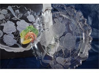 (#75) Glass 14' Floral Design Cake Serving Platter In Box