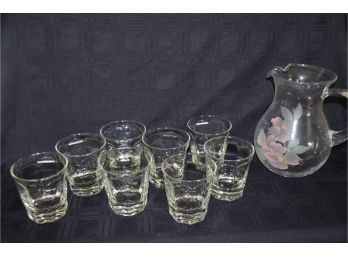 (#34) Etched Flower On Pitcher And 8 Drinking Glasses