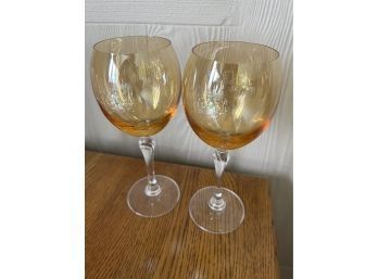 (#32) Orange Gold Wine Goblet Glasses (2 Of Them)