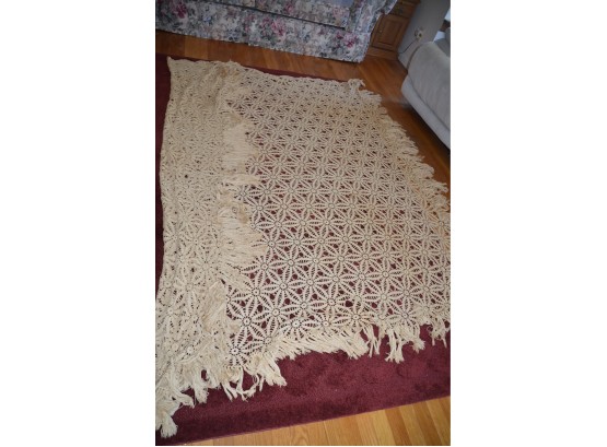 (#237) Vintage Crocheted Bed Coverlet With Fringe On 3 Sides Approx. 82x73