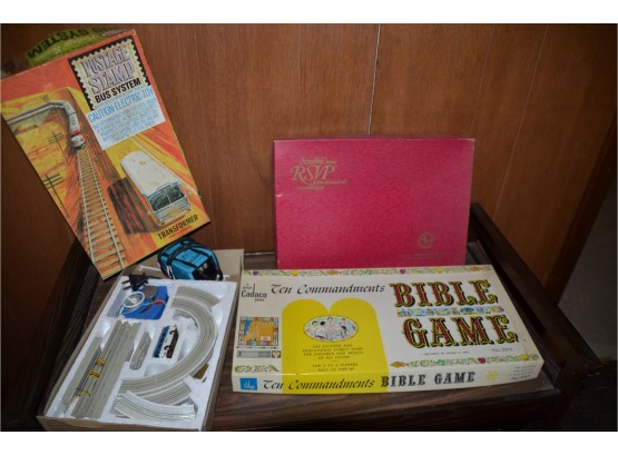 (#315) Vintage Games: Bible Game, RSVP Scrabble, Train Set Bus System Postage Stamp,
