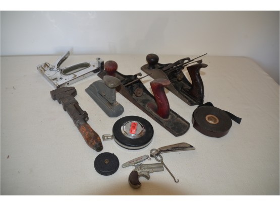 (#280) Assortment Of Vintage Tools:  Planes, Stapler Gun, Wrench, Ruler
