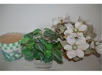 (#184) Floral Arrangements:  Green Clay Planter 8', Wicker Basket, Resin Planter
