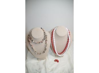 (#34) Red And White Necklaces, Shell Necklace