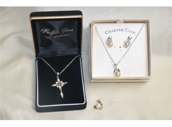 (#24) Rhinestone Cross And Charter Club Earring And Necklace Set
