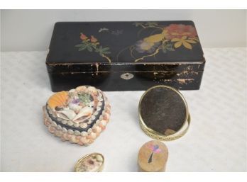 (#43) Wood Jewelry Box, Shell Heart Box, Pearl Pocket Mirror, Trinket Box, Pill Box
