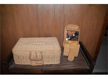 (#304) Wicker Picnic Basket And Wooden Wall Hanging Shoe Shine Kit With Accessories