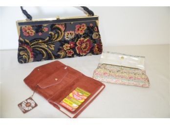(#250) Vintage Floral Embroidered Cloth Handbag, Westport Suede Leather Wallet, Vintage Silk Make-up Bag