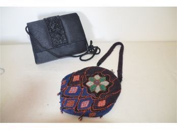 (#251) Vintage Beaded Evening Handbag, Black Silk Evening Handbag