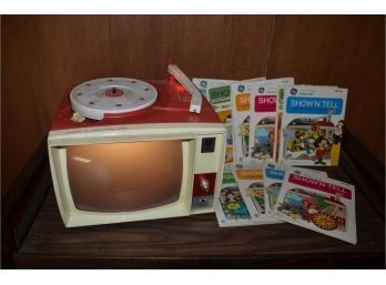 (#301) Vintage Children General Electric Show And Tell Phono Viewer With 12 Show And Tell Records - Works