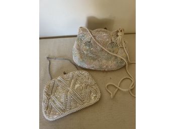 (#253) Vintage Ivory Beaded Evening Handbag, Multi Iridescent Beaded Evening Handbag