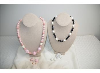 (#32) Bead Pink Necklace And Black/white Necklace