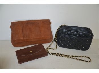 (#249) Buckskin Wallet, Rust Swede Clutch And Black Leather Evening Over Shoulder Handbag