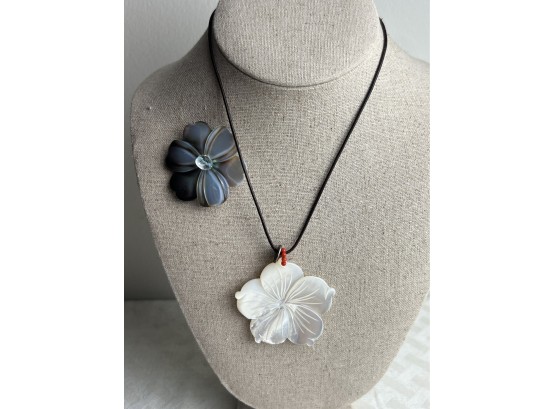 (#154) Pearl Pendant Flower Leather Strap Necklace, Pearl Flower Pin