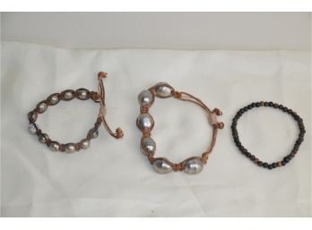 (#175) Leather And Fabric Bead Bracelets