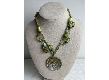 (#164) Metal Pendant With Fabric And Bead Necklace