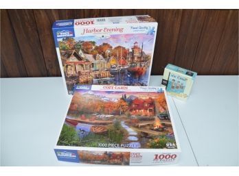 (#77) Two Puzzles 1,000 Pieces Each White Mountain 'Harbor Evening' And 'Cozy Cabin' Small New Yorker Puzzle