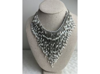 (#167) Statement Neck Choke Silver Metal And Fresh Water Pearl 16'