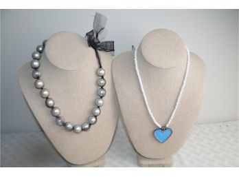 (#166) Metal Turquoise Heart Necklace, Pearl Covered With Tule