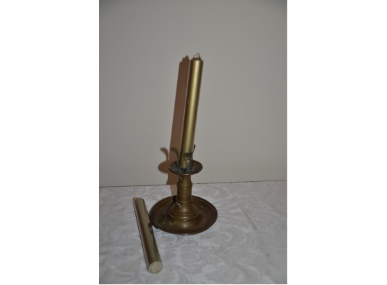 (#17) Vintage Brass Candle Stick Holder With 2 Gold Candles