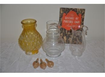 (#48) Glass Hurricane Chimney Shade And 3 Mini Candles, Pamphlet On The History Of Portable Light
