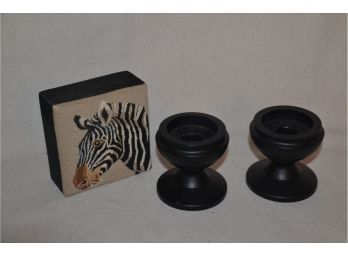 (#36B) Pair Of Black Wooden Candle / Pillar Holder 3'H And Fabric Zebra Trinket 4' Box