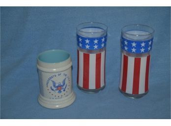 (#153) USA Patriot Flag Drinking Glasses (2) And Presidents Of The USA Porcelain Mug (1)